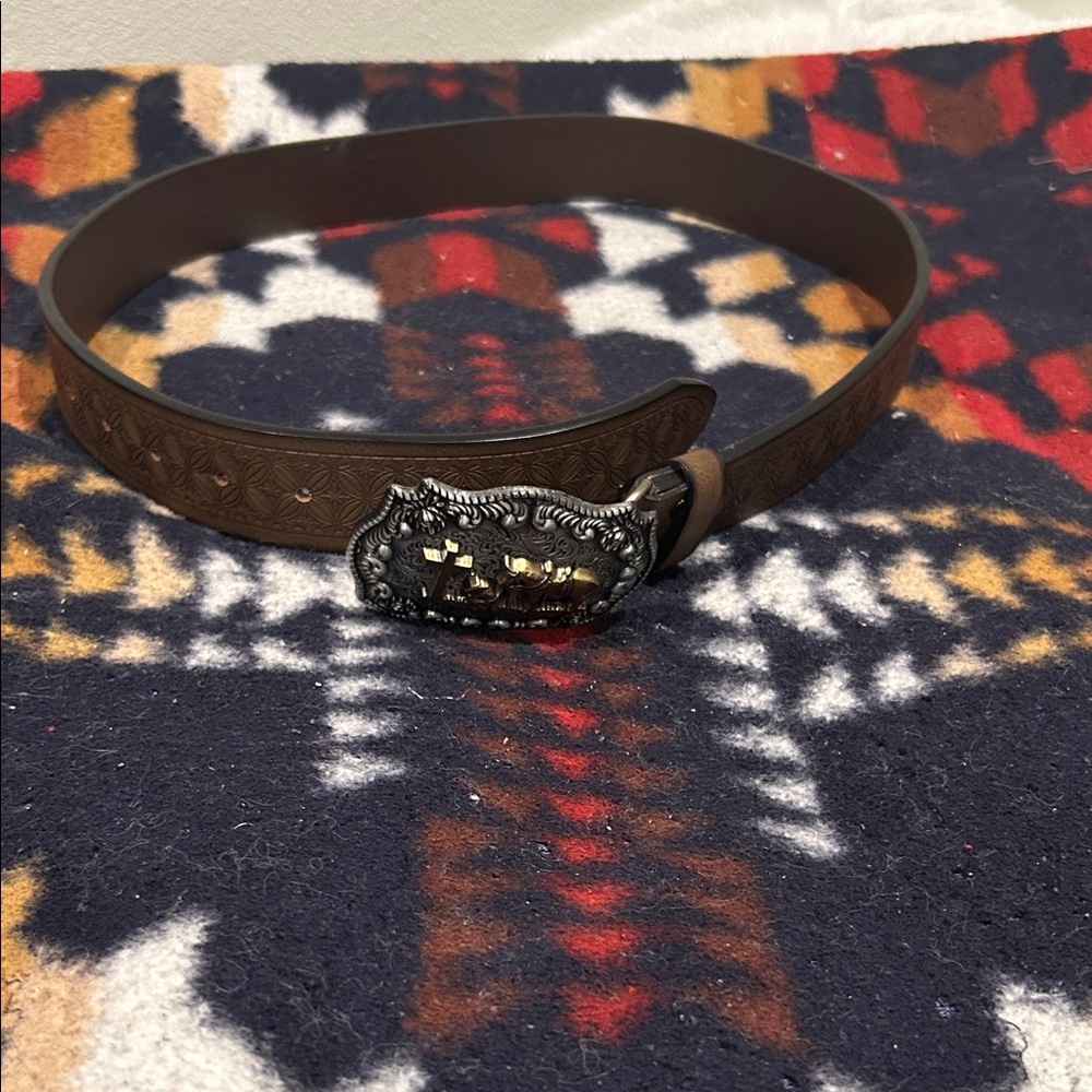 Western Tooled Brown Leather Belt with Ornate Cross & Horse Buckle